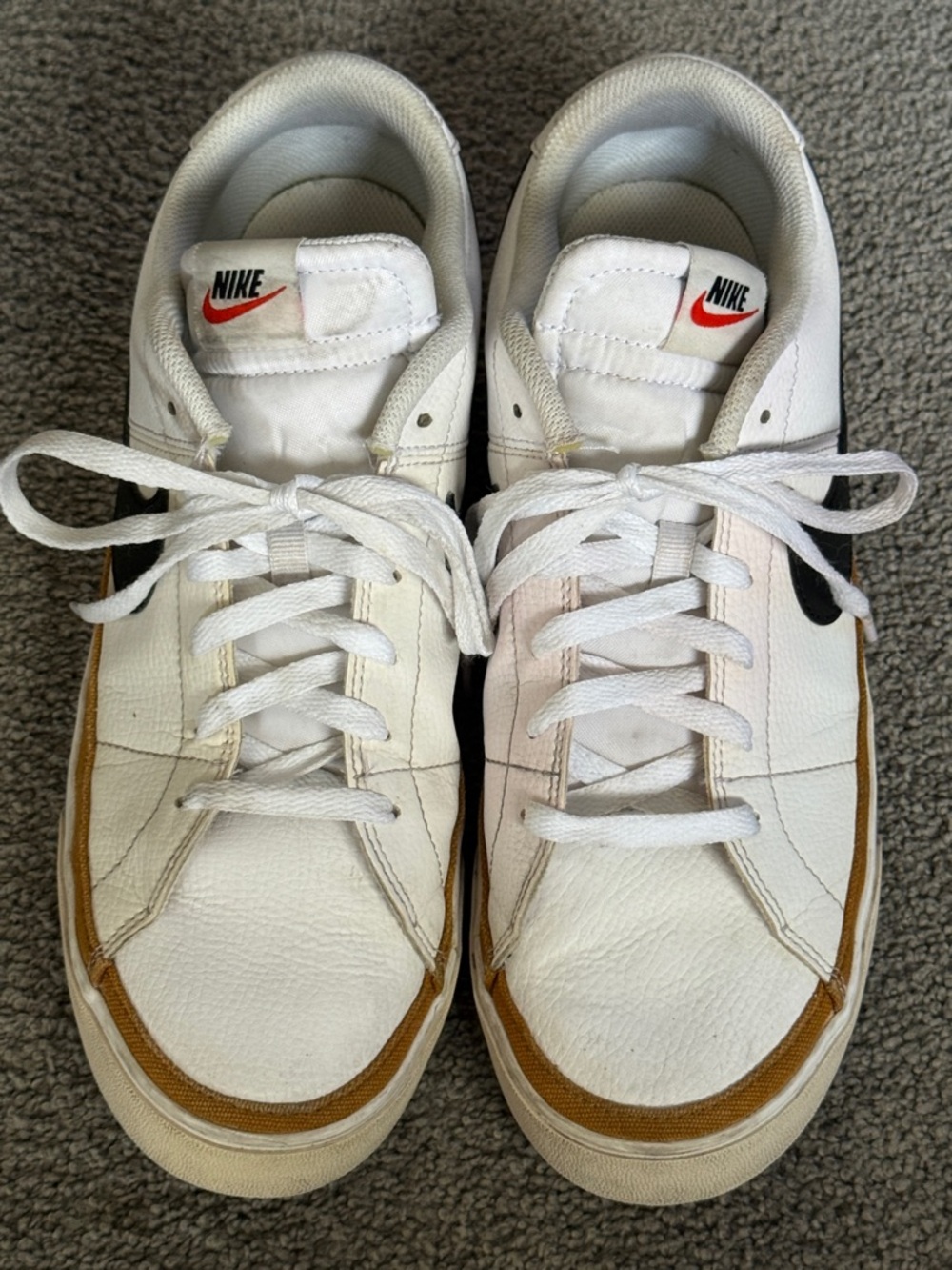 Nike Court Legacy Next Nature sneakers. White, Black, and Desert Ochre. Size 12
